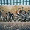 Group of bikes leaning against a wall